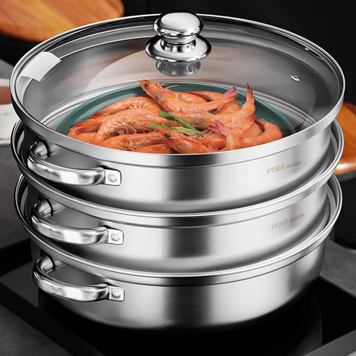 Sleek 3-tier stainless steel food steamer, a perfect kitchen appliance for healthy, oil-free cooking.