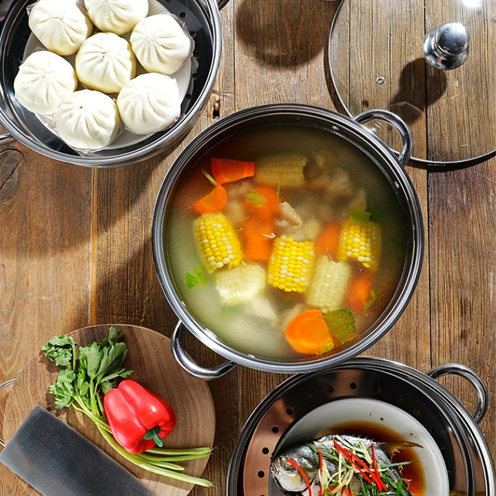 Efficient 3-tier stainless steel vegetable steamer, ensuring fresh, nutrient-rich meals every time.