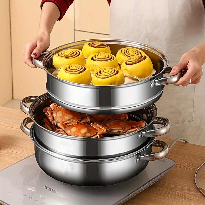 Compact 3-tier stainless steel food steamer for healthy family meals, easy to use and clean.