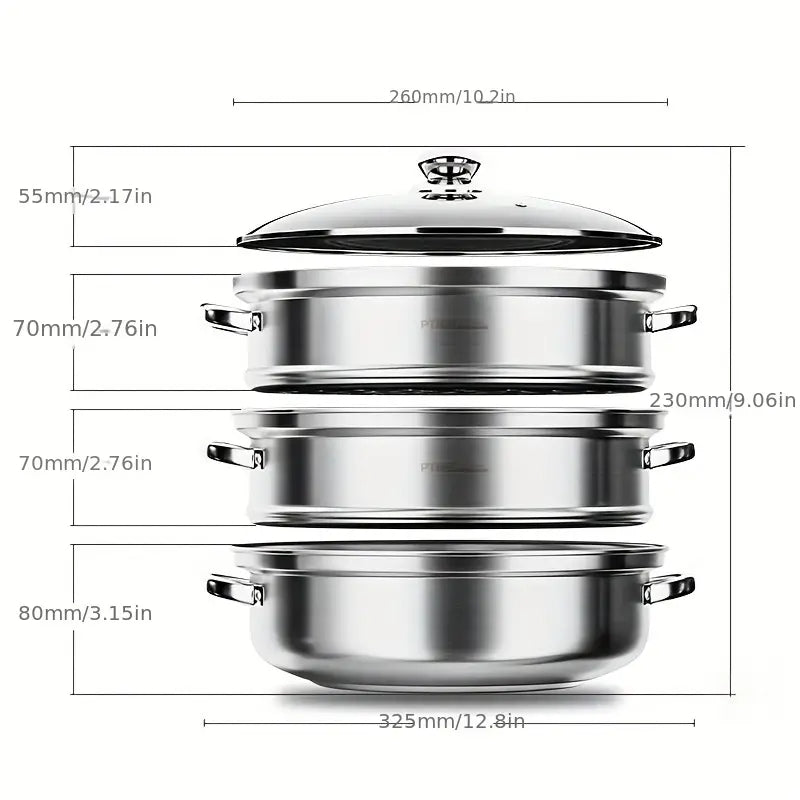 Premium 3-tier stainless steel steamer, great for healthy home kitchen use, cooking various foods.