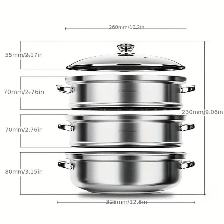 Premium 3-tier stainless steel steamer, great for healthy home kitchen use, cooking various foods.