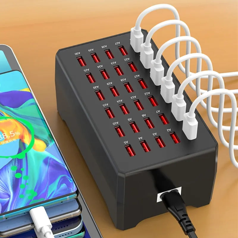 Universal 30-port USB charger & power hub. Organize and fast charge multiple devices for home, office, or events.