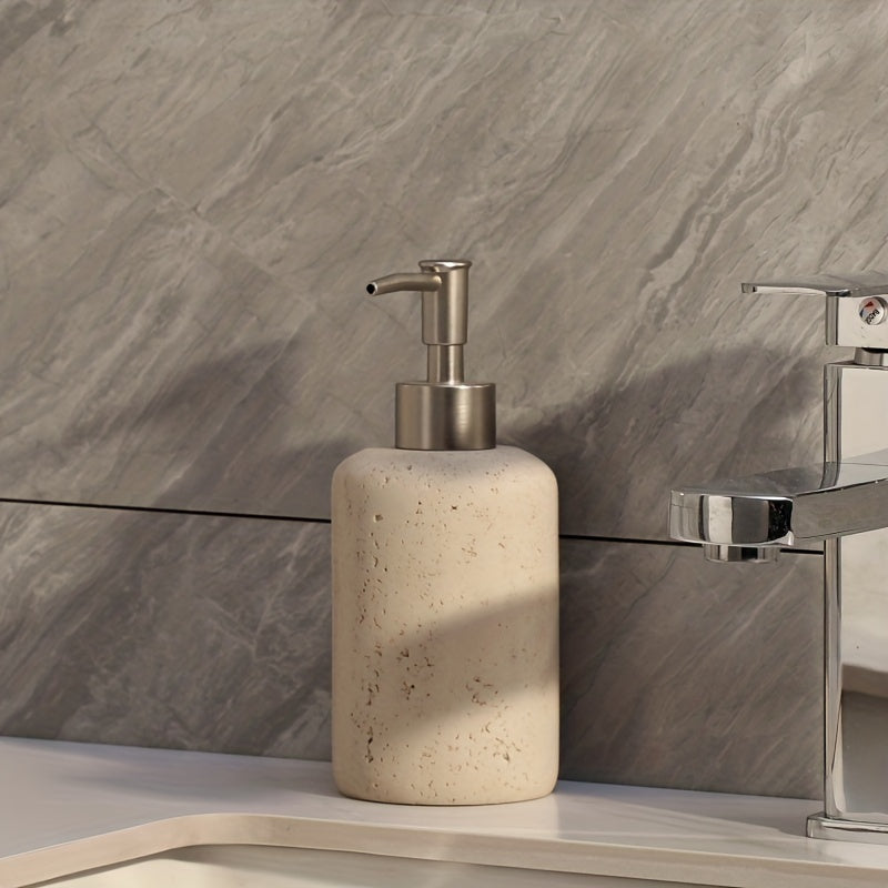 Close-up of 300ml marble resin soap dispenser with sleek stainless steel pump detail