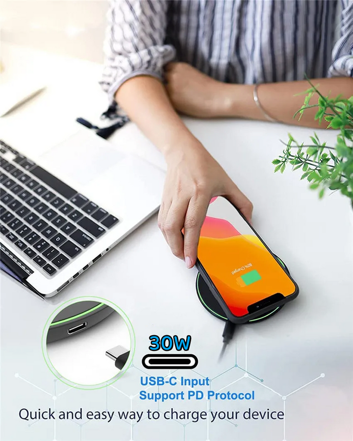 Modern 30W fast wireless charging pad, black, a must-have tech gadget for busy users