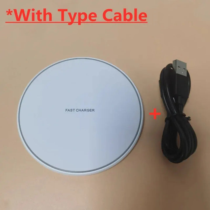 Black 30W wireless charging pad, universal fast charger for all compatible phones, tech essential