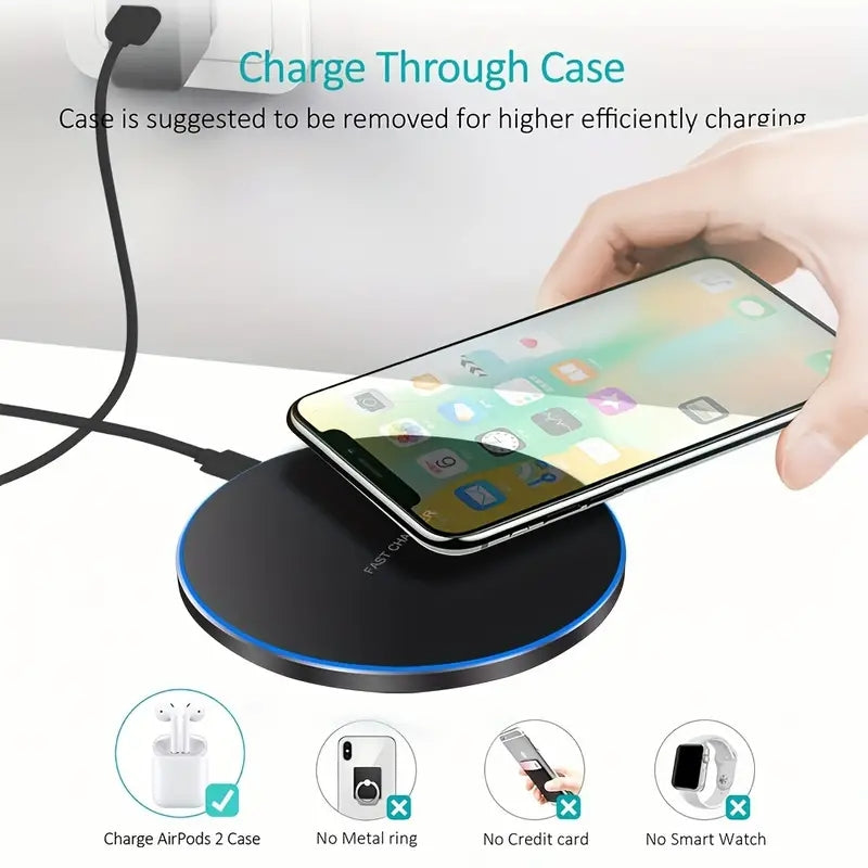 Wireless fast charger pad, 30W output, compatible with iPhone & other devices, modern design