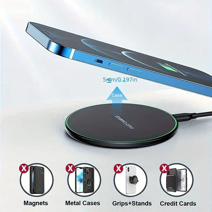 High-speed 30W wireless charging pad, black, for fast smartphone power, induction technology