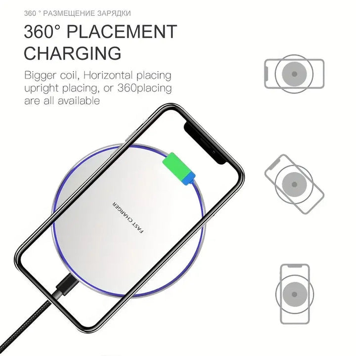 Compact 30W induction charging pad, fast wireless power for smartphones, essential tech accessory