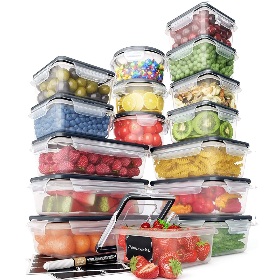 32-piece airtight food storage container set for kitchen organization & meal prep. Stackable plastic food savers.