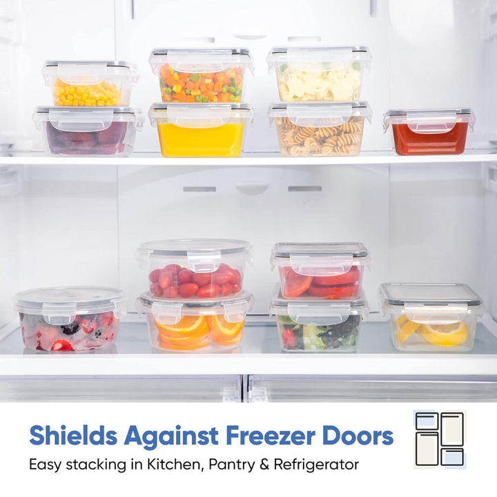 Airtight food storage containers, 32-piece set with black lids, perfect for stylish kitchen organization.