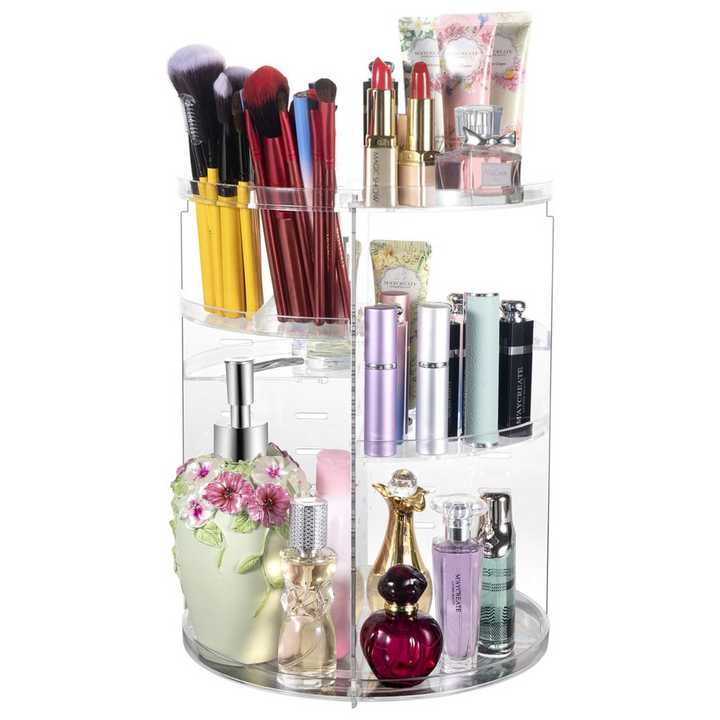360° rotating acrylic makeup organizer with multiple compartments for beauty products