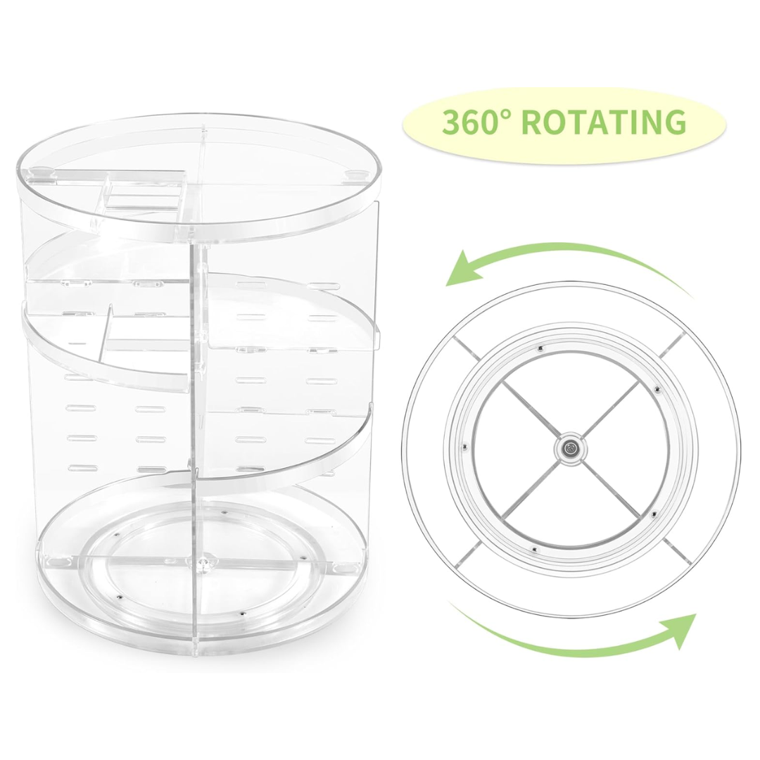 Acrylic 360° beauty organizer, ideal for efficient vanity storage and accessibility