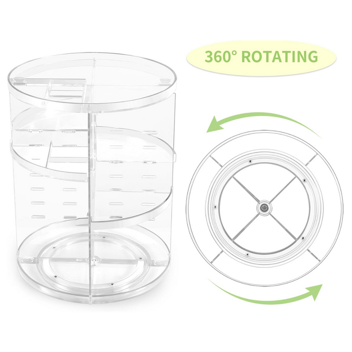 Acrylic 360° beauty organizer, ideal for efficient vanity storage and accessibility