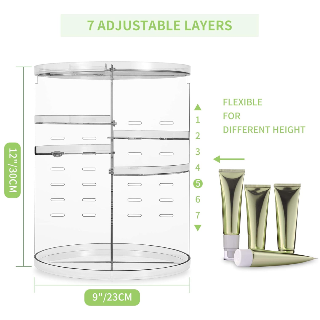 Close-up of a clear rotating cosmetic organizer filled with various beauty essentials