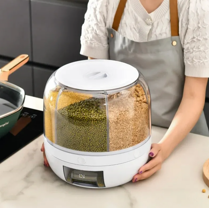 360° rotating grain dispenser for organized kitchen pantry storage of dry foods like rice and cereal.