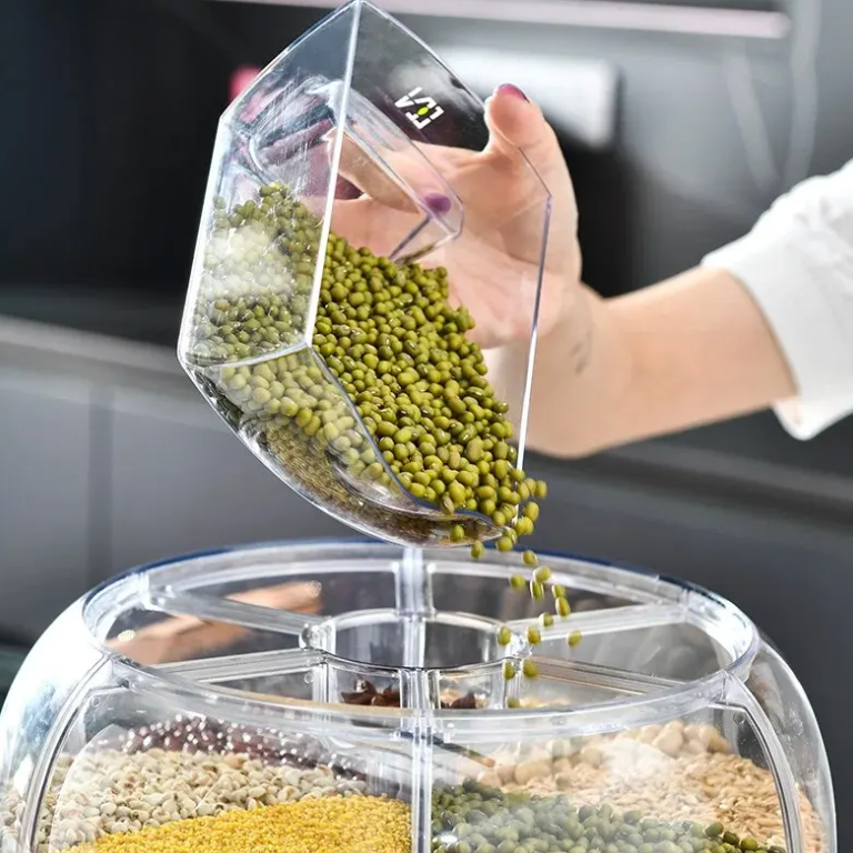 Multi-compartment rotating food dispenser, ideal for space-saving dry food storage and kitchen organization.