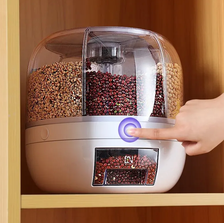 Airtight rotating grain dispenser with 6 compartments, perfect for keeping various dry foods fresh in your pantry.