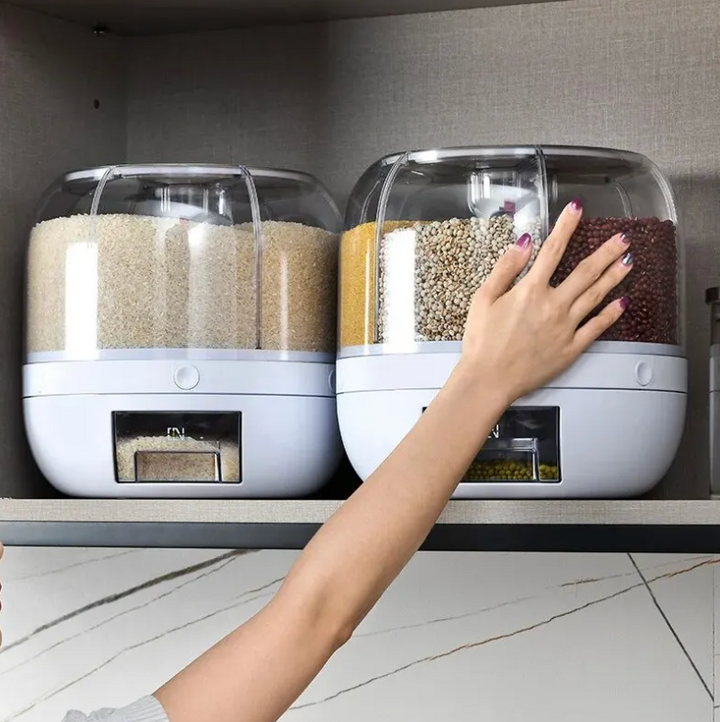 Modern kitchen gadget: a 360-degree rotating dispenser for easy access and organized storage of grains.