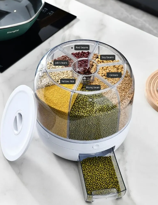 Compact rotating grain storage unit, an essential kitchen organizer for efficient and accessible dry food management.