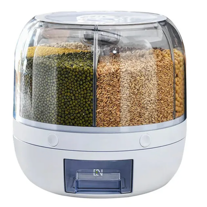 User-friendly rotating grain dispenser for kitchen countertops or pantry, ensuring convenient dry food portioning.
