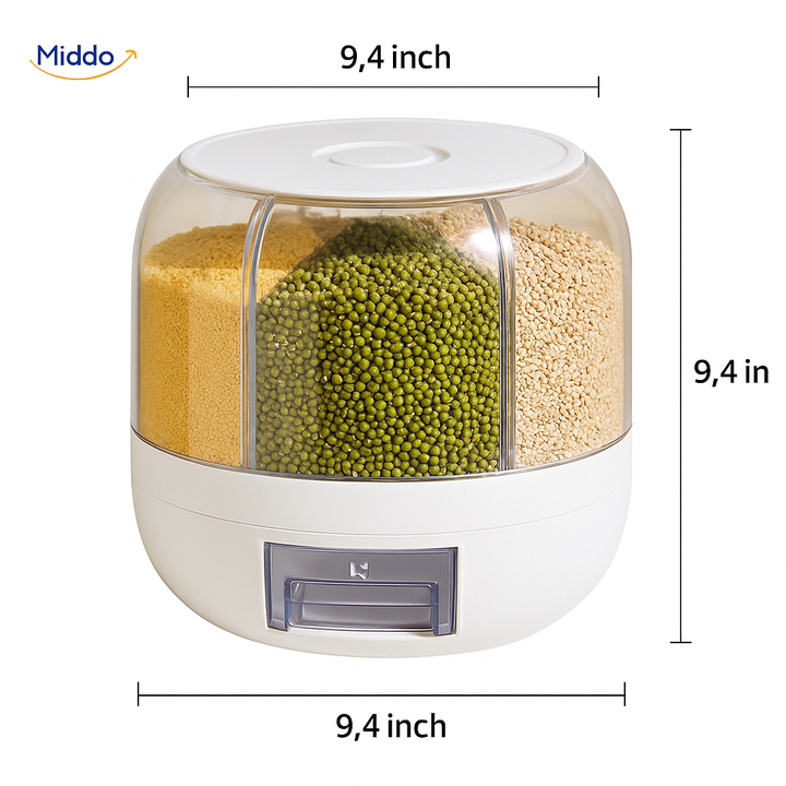 Practical 6-compartment rotating grain dispenser for neat and tidy food storage, optimizing pantry space.