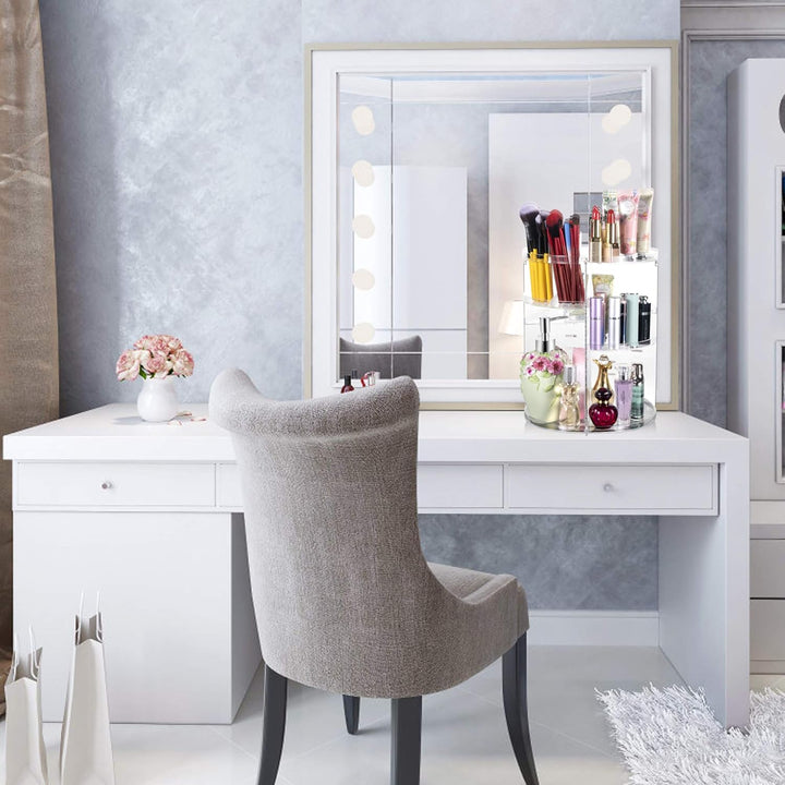 Clear rotating makeup organizer with compartments for brushes, skincare, and cosmetics