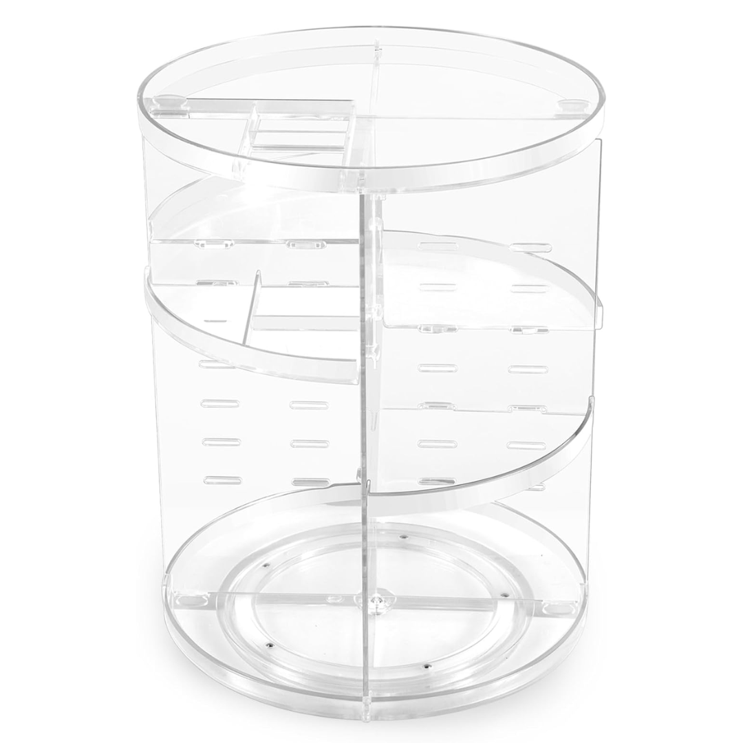 Rotating vanity organizer for makeup and beauty products, maximizing storage space