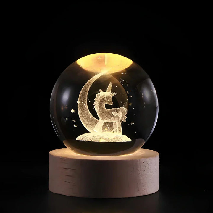 Crystal sphere night light with detailed 3D Celestia engraving, casting beautiful space imagery