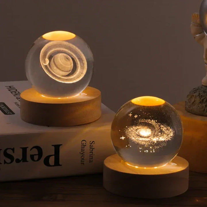 Gift-ready 3D engraved crystal sphere night light, featuring a stunning Celestia galaxy and mood light