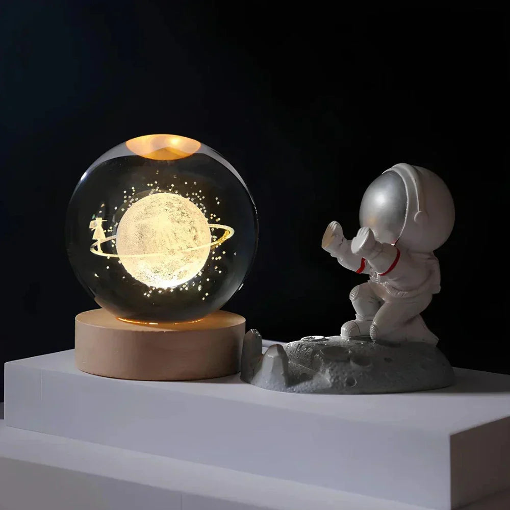Elegant 3D engraved crystal sphere night light, Celestia pattern, great for home decor and mood lighting