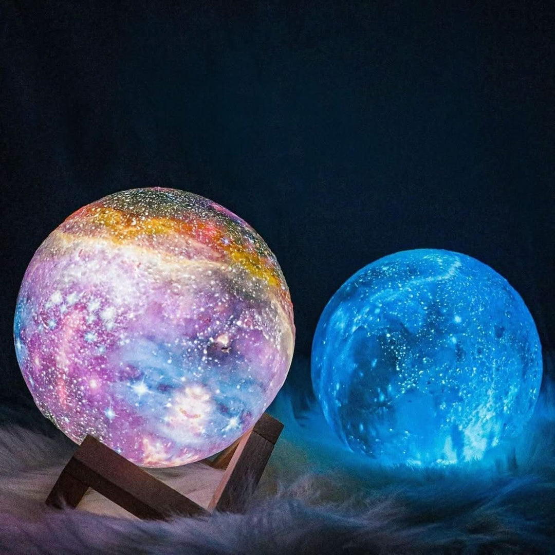 3D galaxy moon lamp, 16 colors, glowing on a wooden stand. Perfect LED night light & home decor.