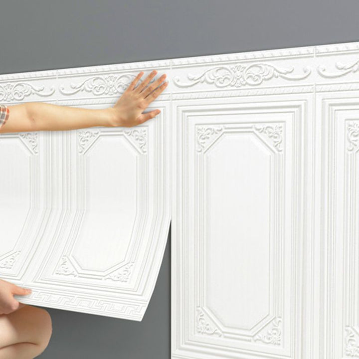 Decorative peel and stick vinyl panels with 3D texture, perfect for accent walls & easy DIY.