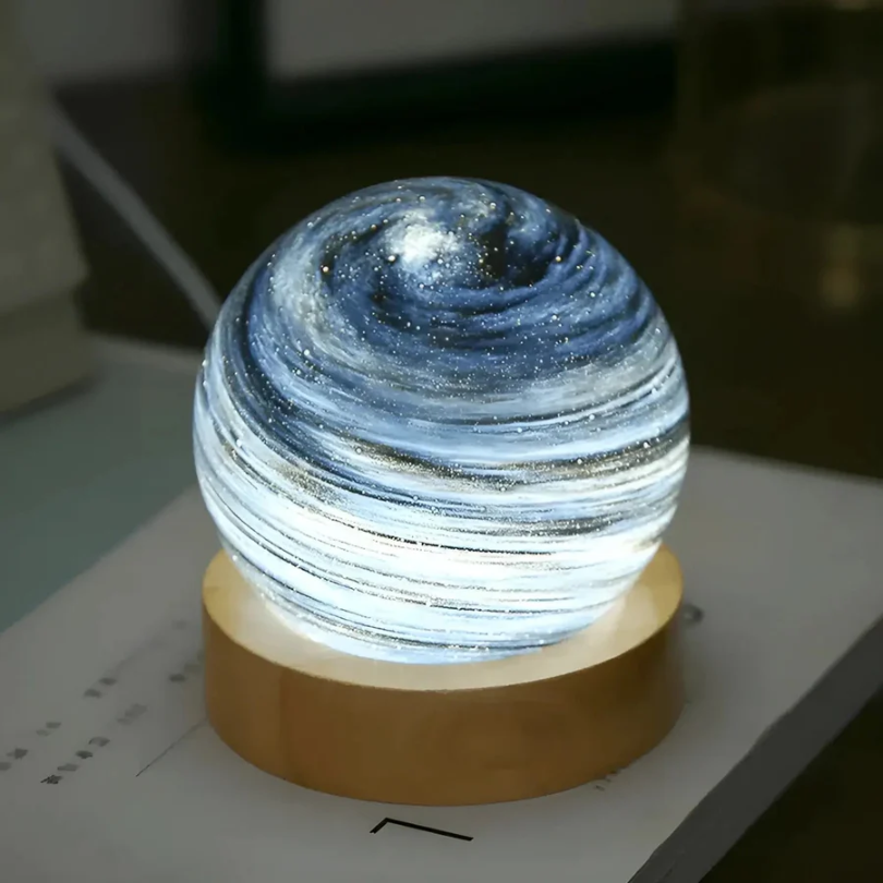 3D Planet Lamp CosmoSphere with wooden base, an enchanting nightlight & table lamp for unique home decor.