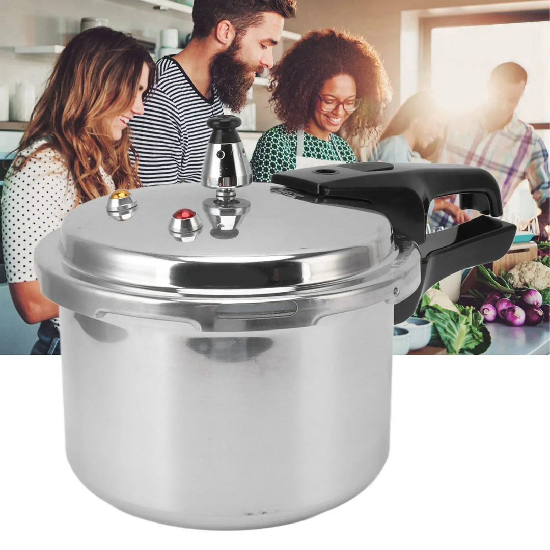 Compact 3L aluminum pressure cooker with safety features, ideal for gas stove cooking, top-down view.