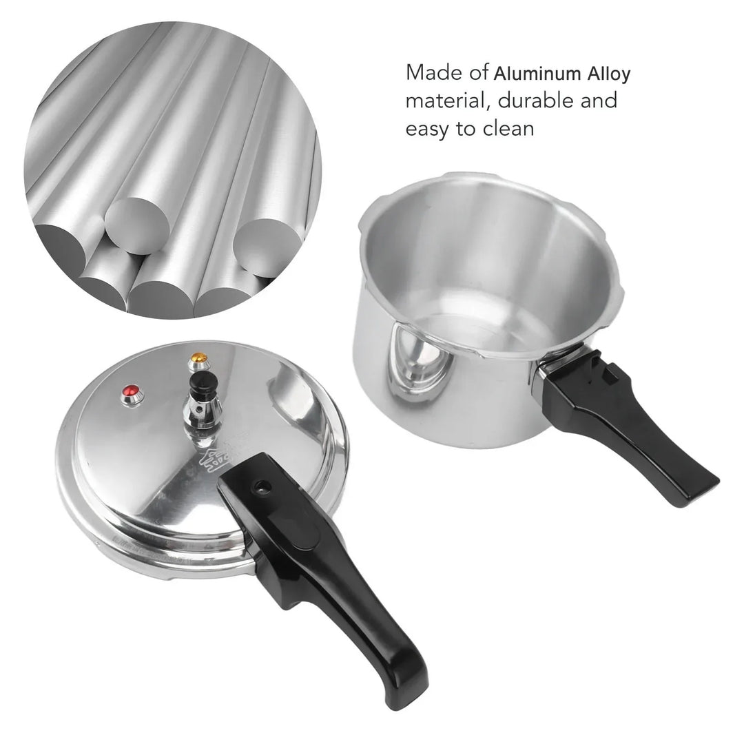 Small 3L aluminum pressure cooker for gas stove, ergonomic handle, essential kitchenware.