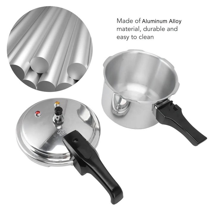 Small 3L aluminum pressure cooker for gas stove, ergonomic handle, essential kitchenware.