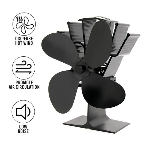 Eco-friendly aluminum heat powered wood stove fan, energy-efficient home heating without electricity. Silent operation.