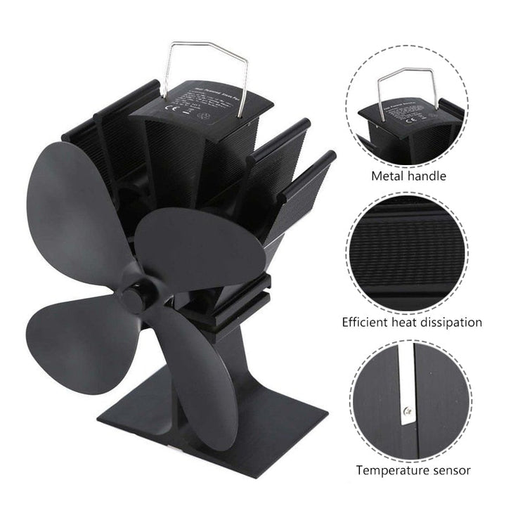 Silent, heat powered fan circulating warm air from wood stoves and fireplaces, enhancing home heating efficiency.