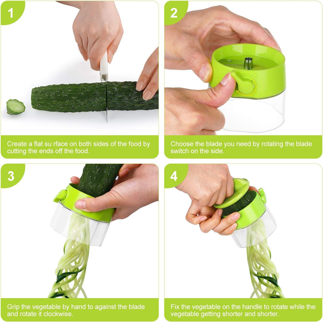 Handheld 4-in-1 vegetable spiralizer creating fresh, curly zucchini noodles.