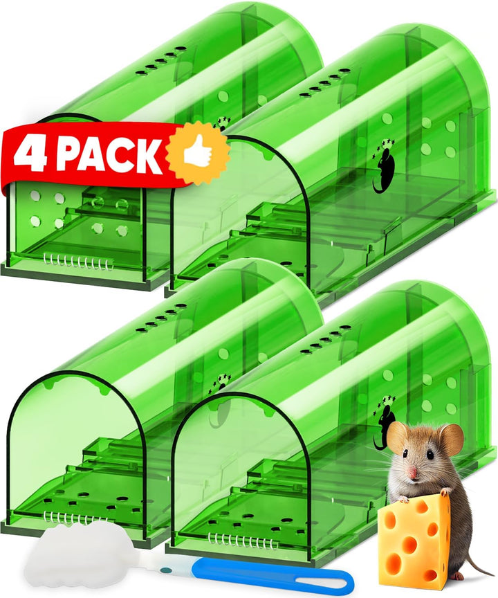 Reusable 4-pack live catch mouse traps. Humane no-kill rodent control for indoor/outdoor home pest management.