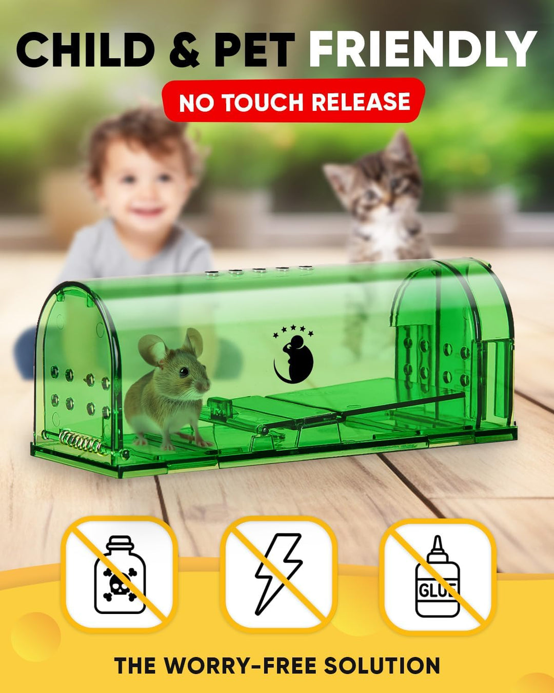 Effective 4-pack live catch mouse traps. Securely traps mice for humane release. No-kill indoor/outdoor pest control.