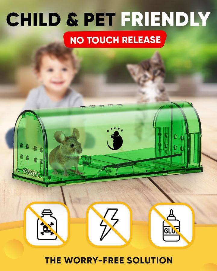 Effective 4-pack live catch mouse traps. Securely traps mice for humane release. No-kill indoor/outdoor pest control.