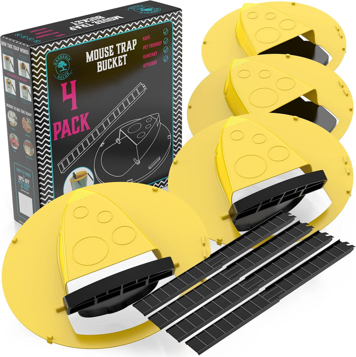 4-pack smart bucket lid mouse trap for automatic rodent control. Reusable for indoor & outdoor pest defense.