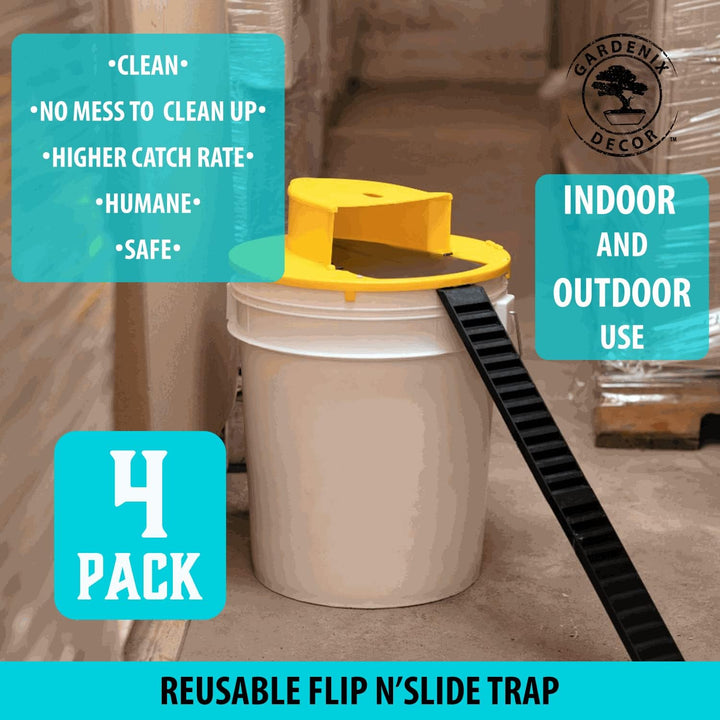Automatic bucket lid mouse & rat trap, 4-pack for effective rodent control. Reusable indoor pest defense system.