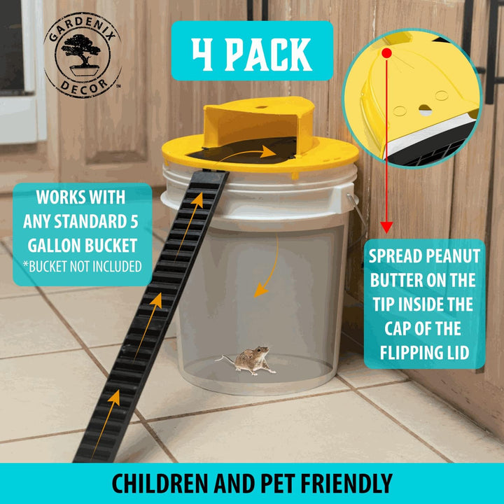Reusable 4-pack smart bucket lid mouse traps for automatic rodent & rat control. Ideal home pest defense.