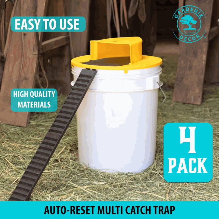 Smart 4-pack bucket lid mouse trap for comprehensive indoor & outdoor rodent and rat pest control solution.