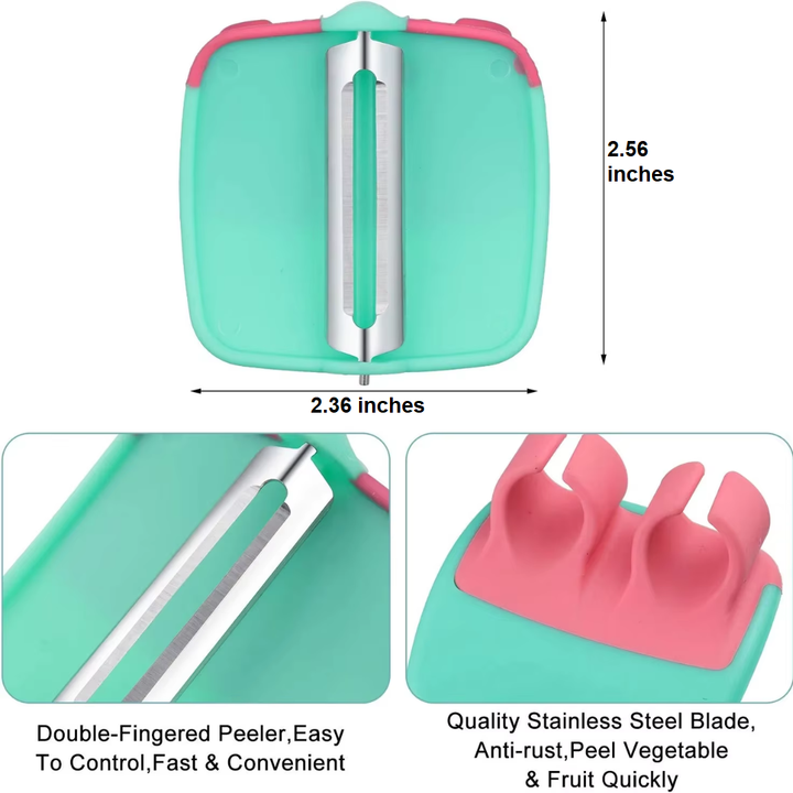 Close-up of a hand using a 4-piece finger vegetable peeler with ergonomic design for fruit peeling