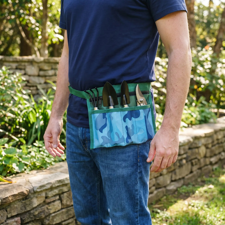 4-piece handheld garden tool set with ergonomic trowel, hand rake, pruner, and wearable pouch for balcony gardening.