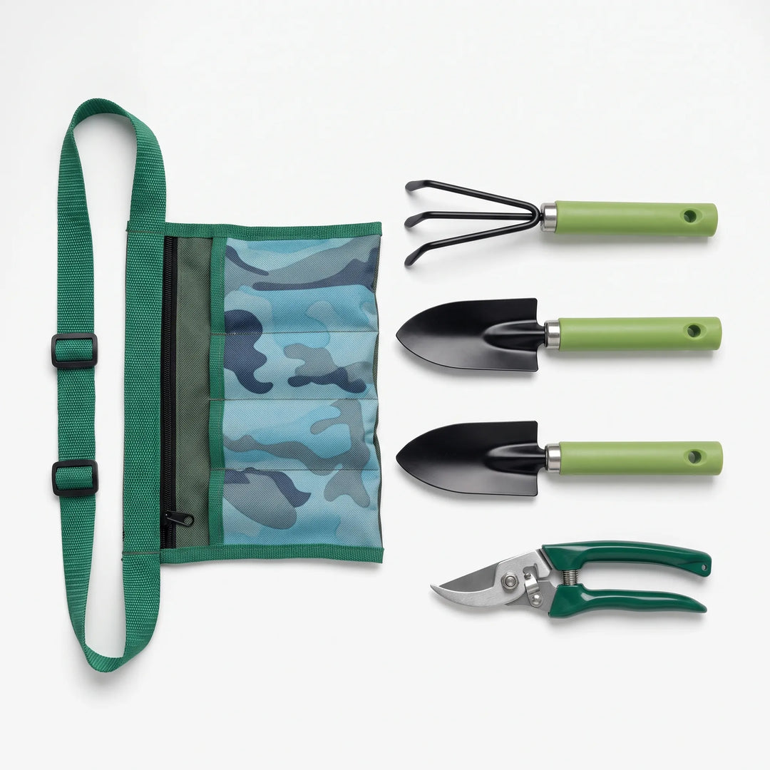 Compact gardening kit featuring essential hand tools: trowel, transplanter, hand rake, pruning shears for potted plants.