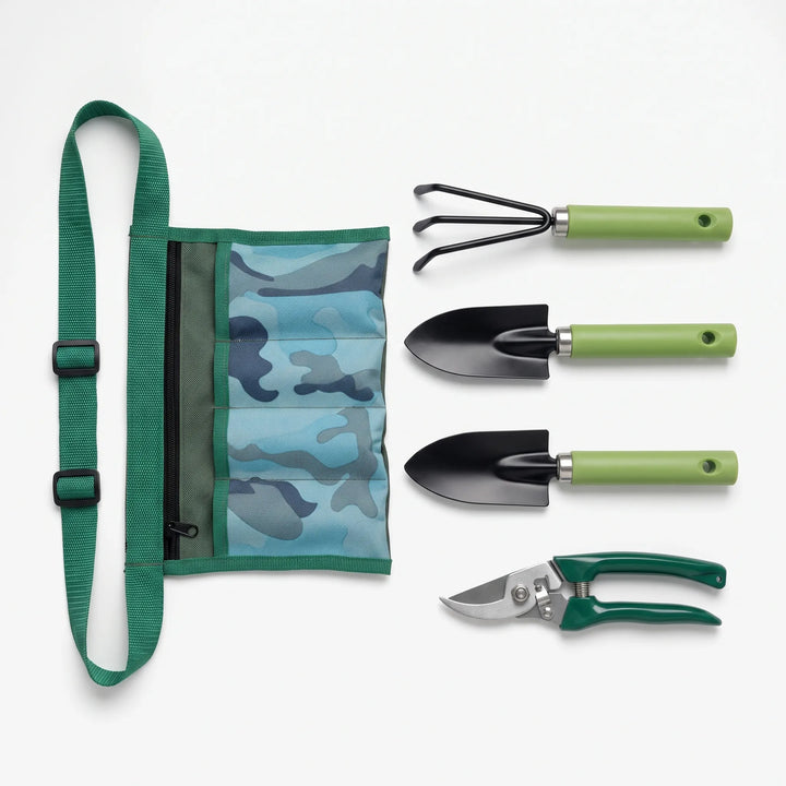 Compact gardening kit featuring essential hand tools: trowel, transplanter, hand rake, pruning shears for potted plants.